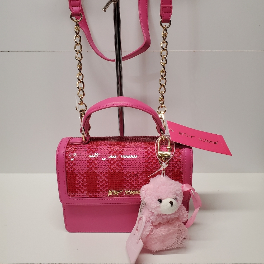 💓Betsey Johnson Mylo Sequin Satchel Crossbody - Pink -teddy Bear Bag Charm